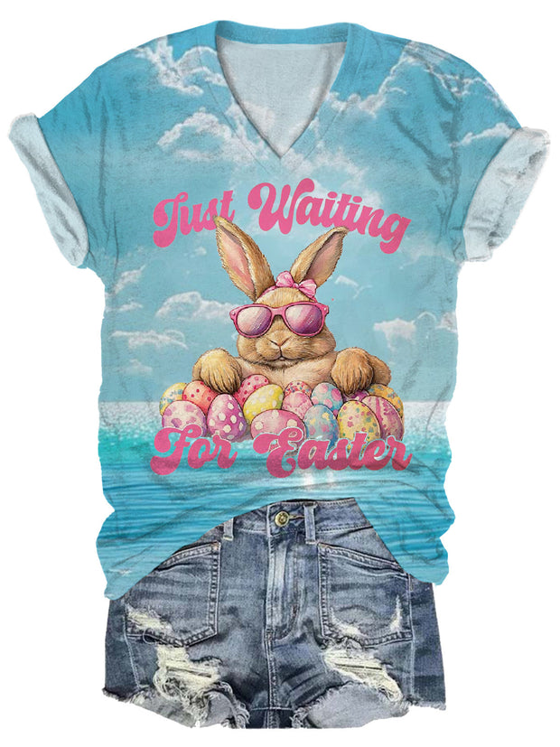 Just Waiting For Easter Day Cute Rabbit Print Casual T-shirt