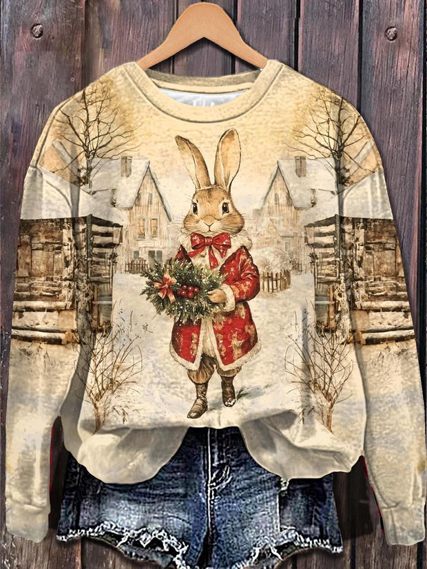 Winter Christmas Bunny Printed Long Sleeve Casual Top
