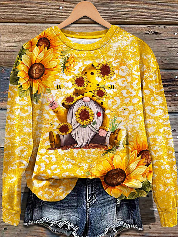 Women's Leopard Sunflower Gnome Printed Long Sleeve Casual Top