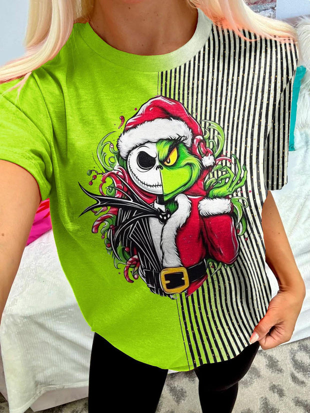 Women's Christmas Halloween Character Patchwork Crew Neck T-shirt