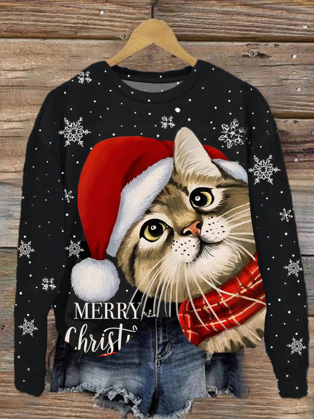 Merry Christmas Kitten Printed Long Sleeve Casual Top