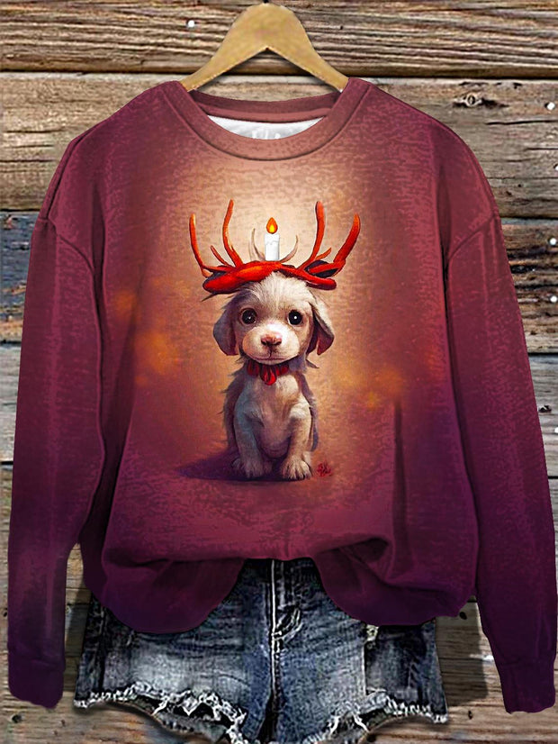 Women's Christmas Puppy Reindeer Printed Long Sleeve Casual Top