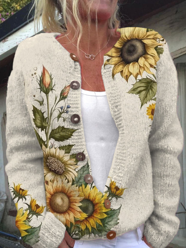 Women's Sunflower Print Long Sleeve Cardigan Sweater