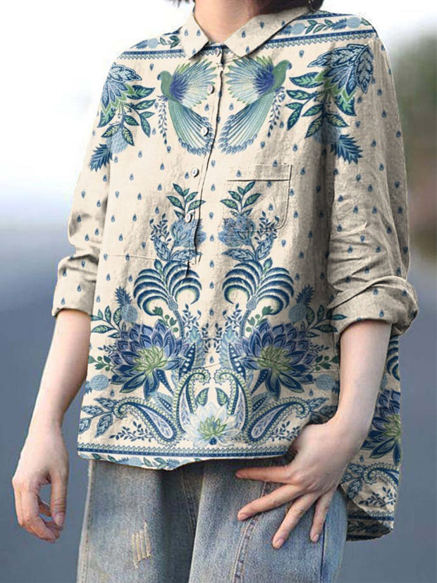 Women's Vintage Flower And Bird Print Casual Cotton And Linen Shirt