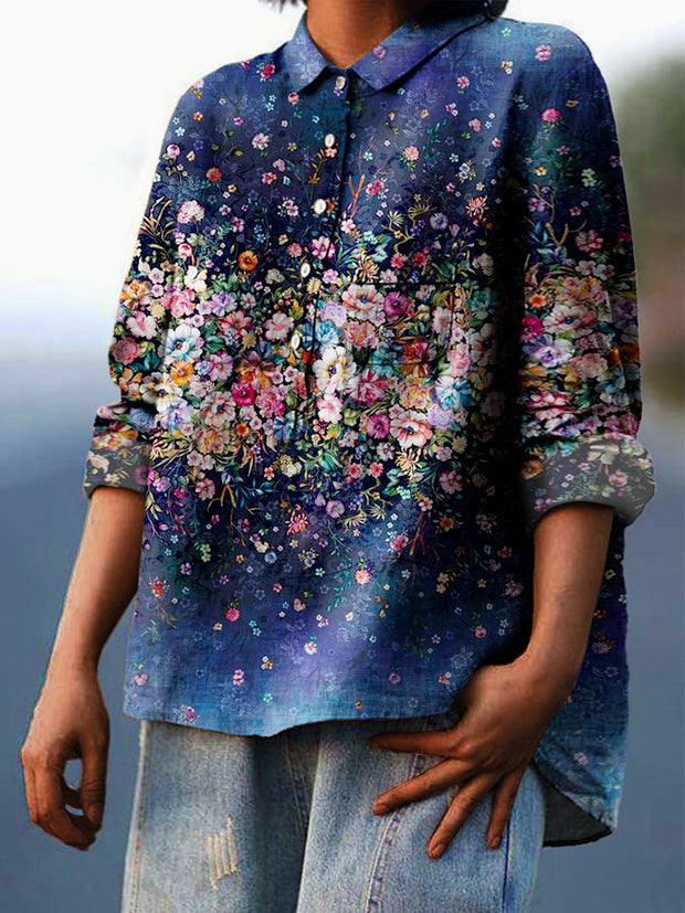 Women's Gradient Floral Printed Cotton And Linen Shirt