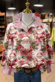 Vintage Christmas Santa Print Striped Long Sleeve Top