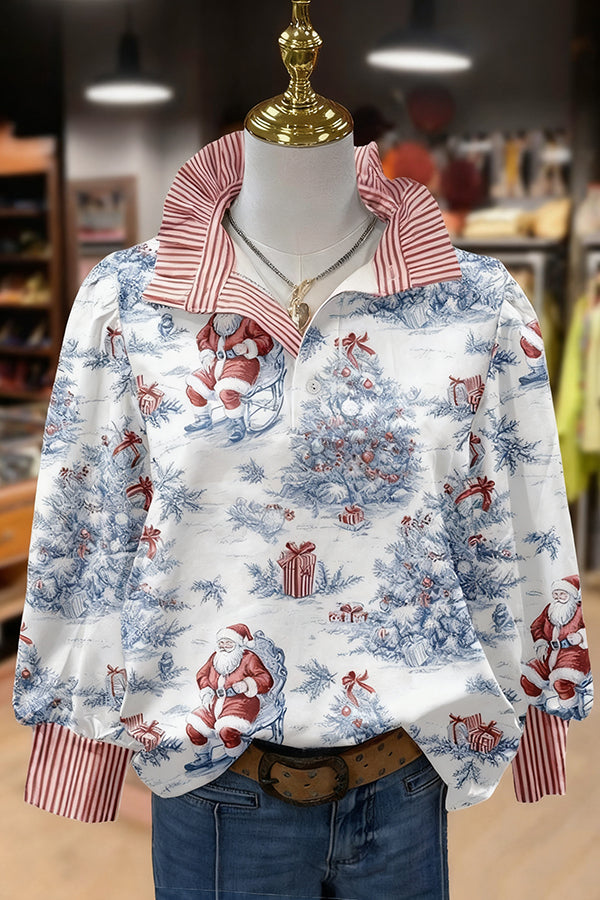 Vintage Christmas Santa Print Striped Long Sleeve Top