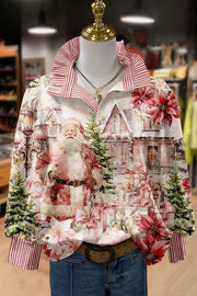Vintage Christmas Santa Print Striped Long Sleeve Top