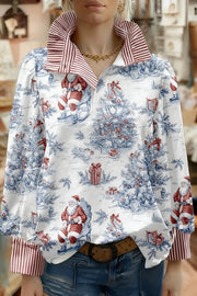 Vintage Christmas Santa Print Striped Long Sleeve Top