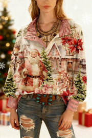 Vintage Christmas Santa Print Striped Long Sleeve Top