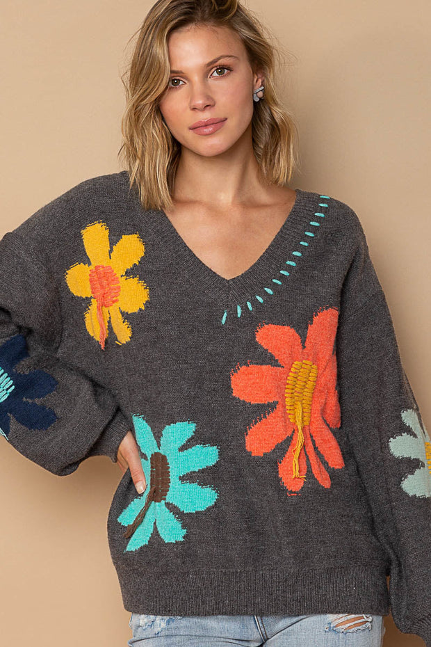 V-Neck Oversized Floral Sweater in Charcoal