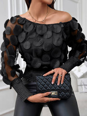 Loose Puff Sleeves Elasticity Gauze See-Through Solid Color Split-Joint Round-Neck Blouses Blouses&Shirts Tops