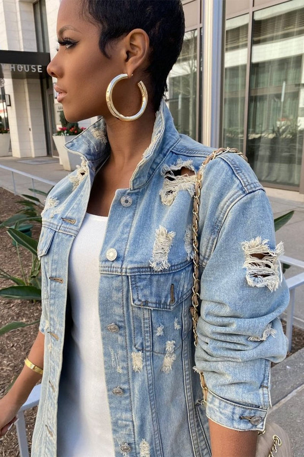 Plus Size Blue Casual Solid Ripped Turndown Collar Long Sleeve Regular Denim Jacket Coat