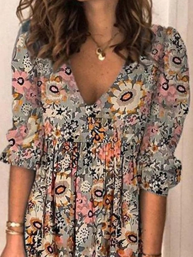 Women's Vintage Floral V-Neck Casual Dress