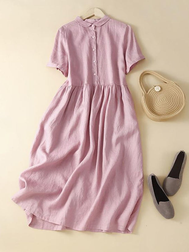 Cotton Linen Short Sleeved Solid Color Casual Dress