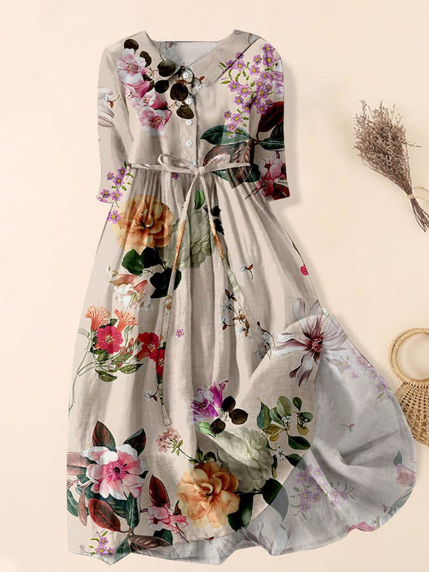 Women's Artistic Casual Lace-Up Loose Floral Print Dress