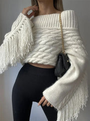 Fashion White Tassel Slash Neck Sweater Women Elegant Off Shoulder Long Sleeve Short Knit Pullover Fall Winter Lady Knit Jumpers