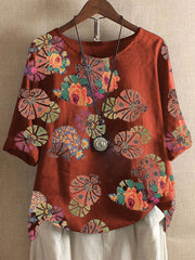 Soft Cotton Linen Short Sleeve Printed O-Neck Ladies blouses Tops