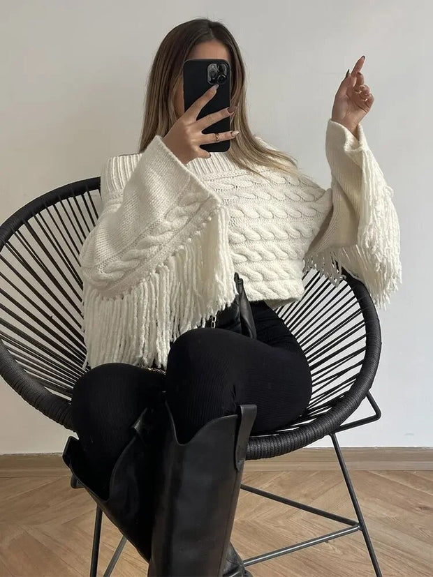 Fashion White Tassel Slash Neck Sweater Women Elegant Off Shoulder Long Sleeve Short Knit Pullover Fall Winter Lady Knit Jumpers