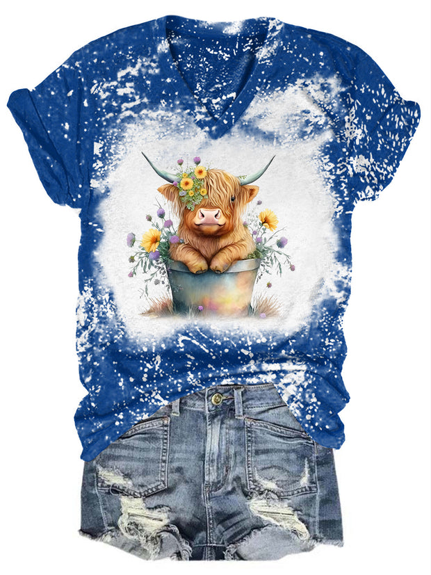 Baby Highland Cow Tie Dye V Neck T-shirt