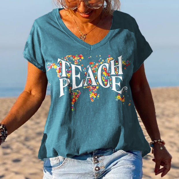 Peace special print V-neck T-shirt