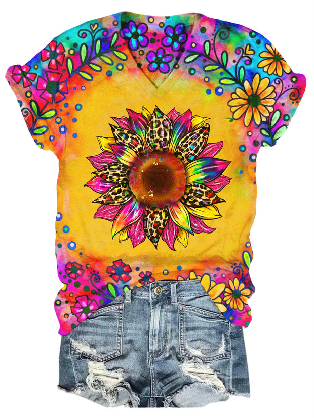 Sunflower Tie Dye Print V Neck T-shirt