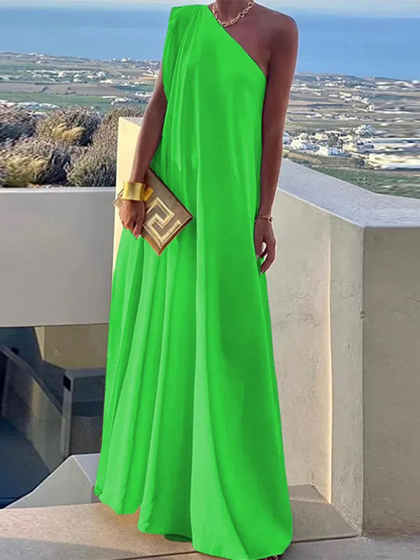 Loose Asymmetric Solid Color Split-Joint One-Shoulder Maxi Dresses