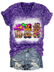 Mardi Gras Gnomies Glitter V-Neck T-Shirt