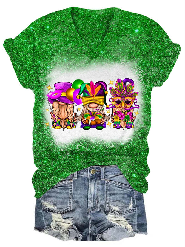 Mardi Gras Gnomies Glitter V-Neck T-Shirt