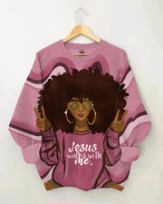 Afro Girl Jesus Walks with Me Long Sleeve Sweatshirt