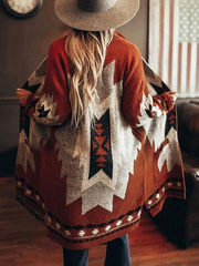 Casual Daily Printed Tribal Shawl Collar Long Sleeve Loose Coats Outwear