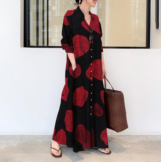 Cotton Linen Long Sleeve Printed Cotton Maxi Dress