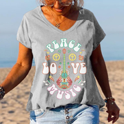 Floral Guitar Peace Love Music Printed Graphic Tees