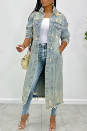 Plus Size Blue Casual Solid Ripped Turndown Collar Long Sleeve Regular Denim Jacket Coat