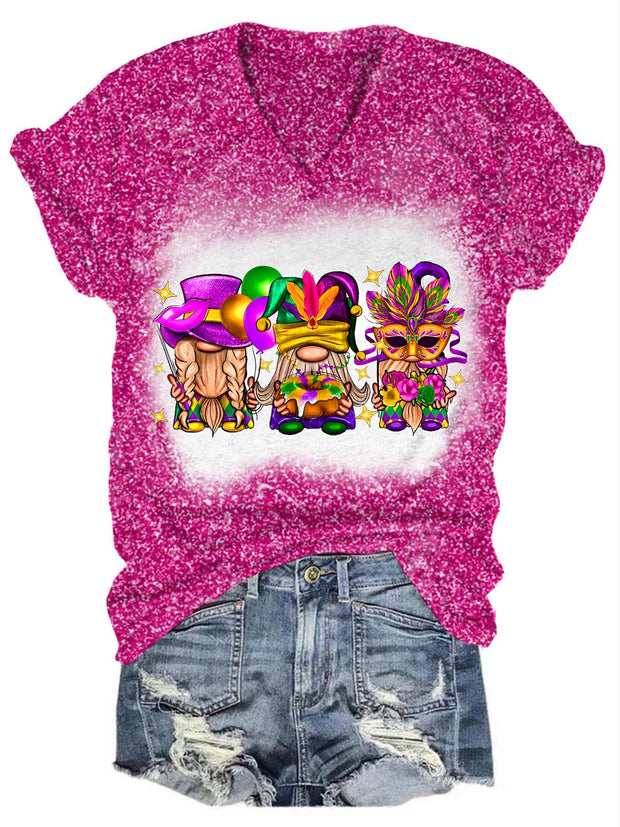 Mardi Gras Gnomies Glitter V-Neck T-Shirt