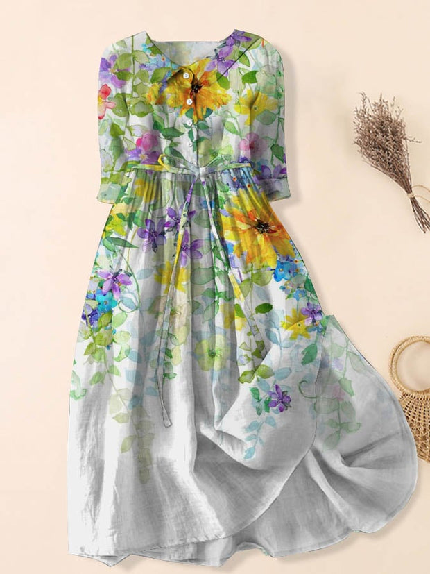 Women's Artistic Casual Lace-Up Loose Floral Print Dress