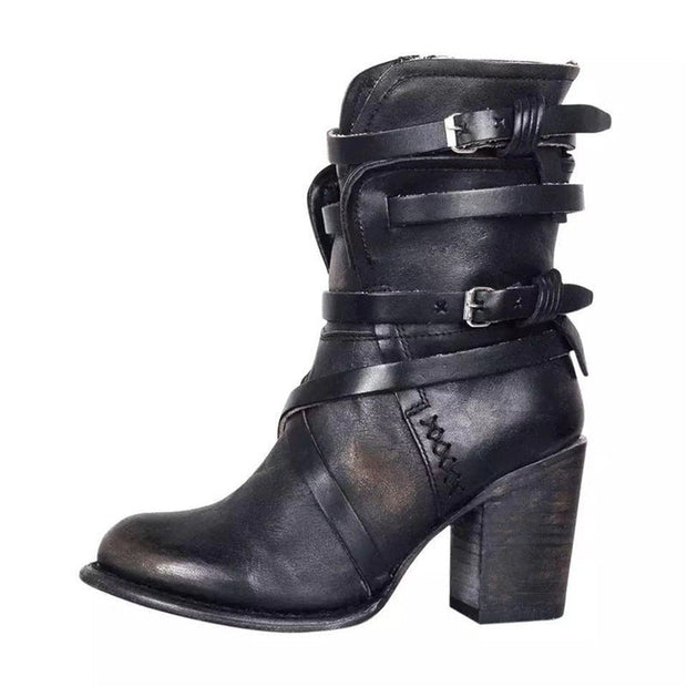 Vintage Buckle Zipper Mid-Calf Boots