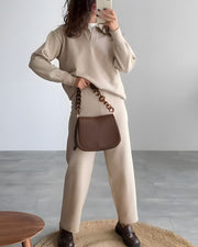 Fashionable lapel knitted top + wide-leg pants two-piece set