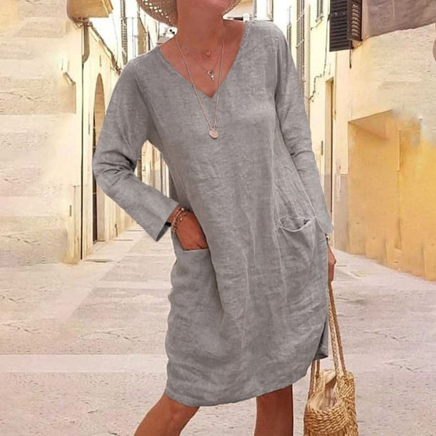 Pure Color Casual Cotton And Linen V-neck Dress