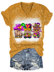 Mardi Gras Gnomies Glitter V-Neck T-Shirt