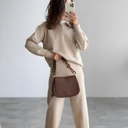 Fashionable lapel knitted top + wide-leg pants two-piece set