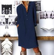 Lapel Neck Long Shirt Dress Buttons Cotton Linen