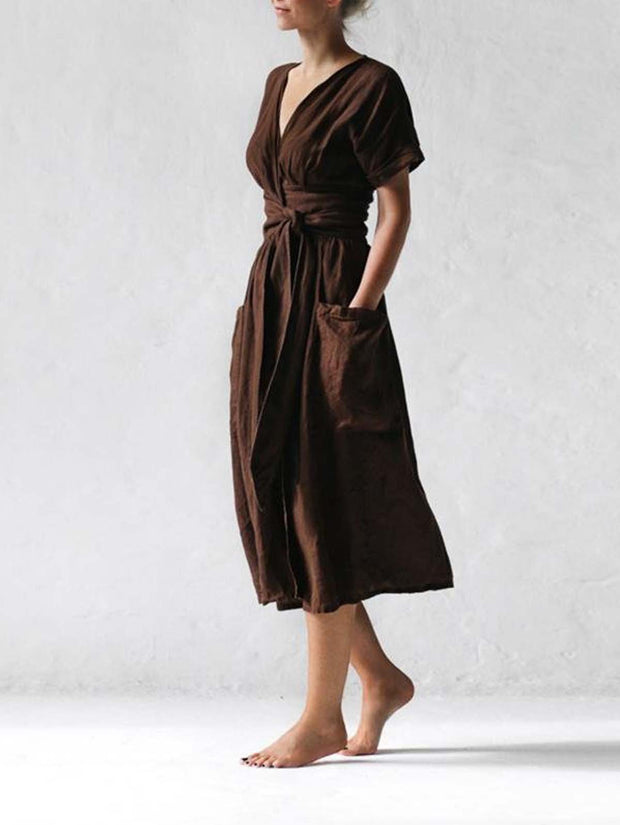 Women's Fashion V Neck Belt High Waist Short Sleeves Cotton- Linen Dress