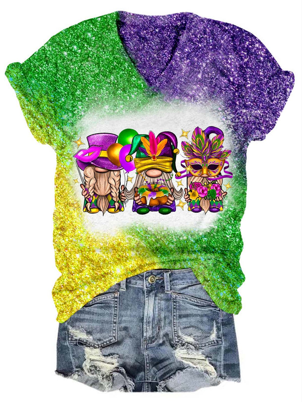 Mardi Gras Gnomies Glitter V-Neck T-Shirt