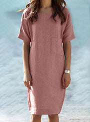 Round Neck Short Sleeve Cotton Linen Dress