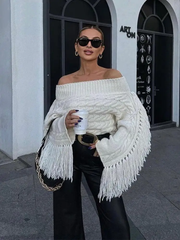 Fashion White Tassel Slash Neck Sweater Women Elegant Off Shoulder Long Sleeve Short Knit Pullover Fall Winter Lady Knit Jumpers