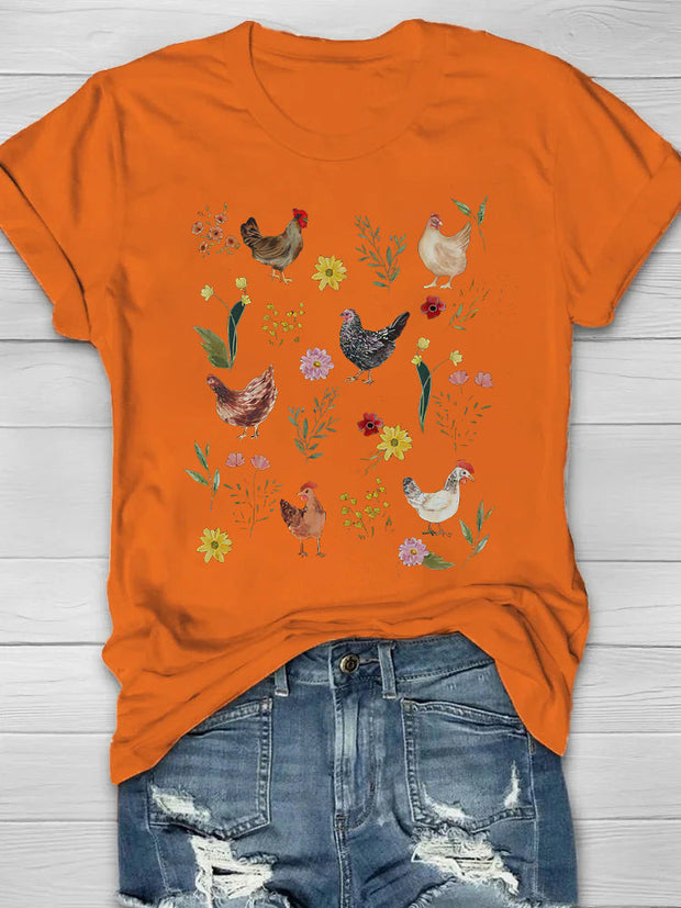 Wild Flower Chicken Printed Crew Neck T-shirt