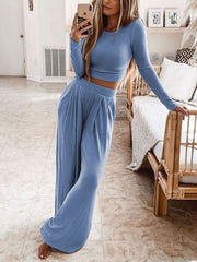 Fashion Wide Leg Round Neck Solid Color Suit