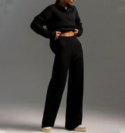 Polo Collar Knitted Pullover Wide-leg Trousers Two-pieces Set