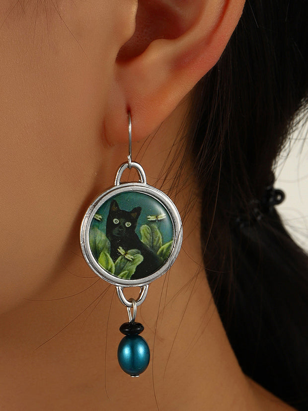 Vintage Black Cat And Dragonfly Pearl Earring